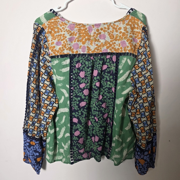 Maeve by Anthropologie Patchwork Boho Blouse Large Mixed Print Balloon Sleeve - Picture 2 of 5